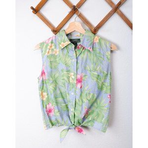 Vintage Lauren Ralph Lauren Linen Y2K 90's Tropical Blue & Hibiscus Tie Front Sh